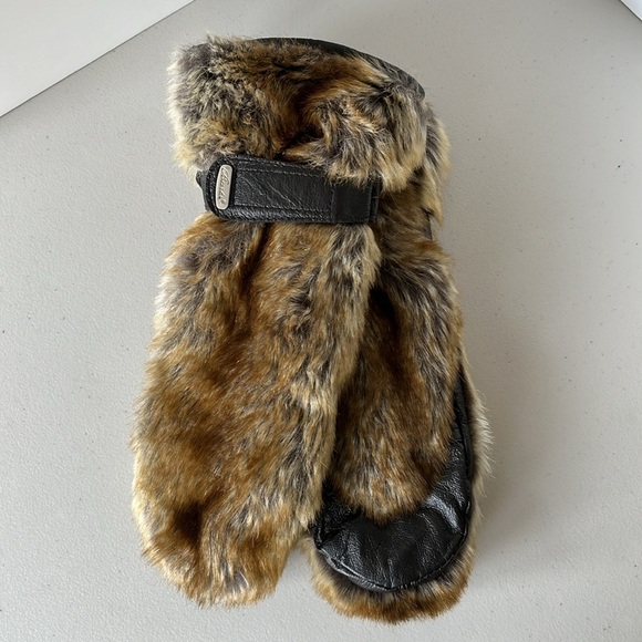 NWT Barts Brown Palm Leather Faux Fur Mittens Fur Paws One Size Unisex - Picture 3 of 17